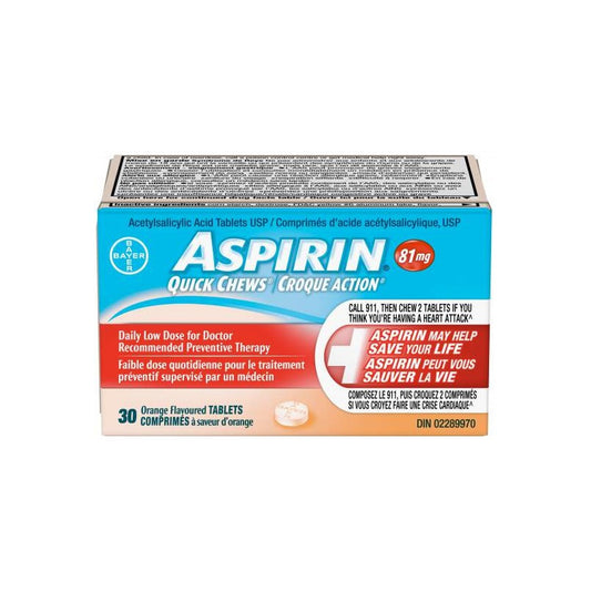Aspirin Aspirin 81mg Quick Chews Daily Low Dose Orange Flavour 30 tabs