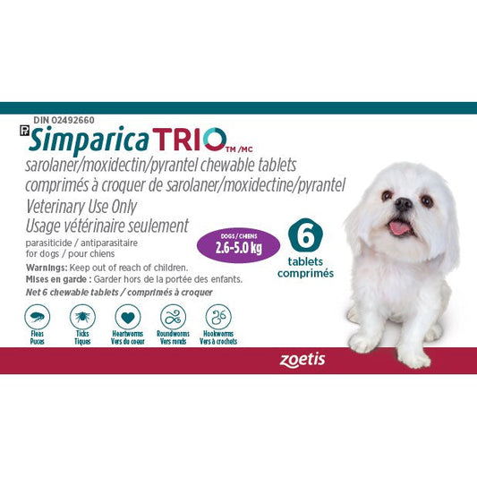 Simparica TRIO Purple/Mauve 2.6 - 5 kg, 1 box of 6 tablets