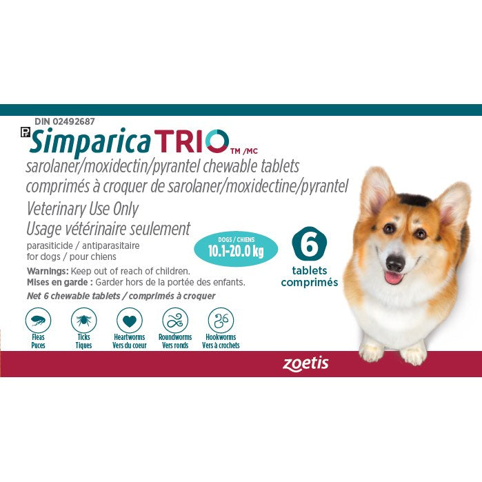 Simparica TRIO Aqua 10.1 - 20 kg, 1 box of 6 tablets