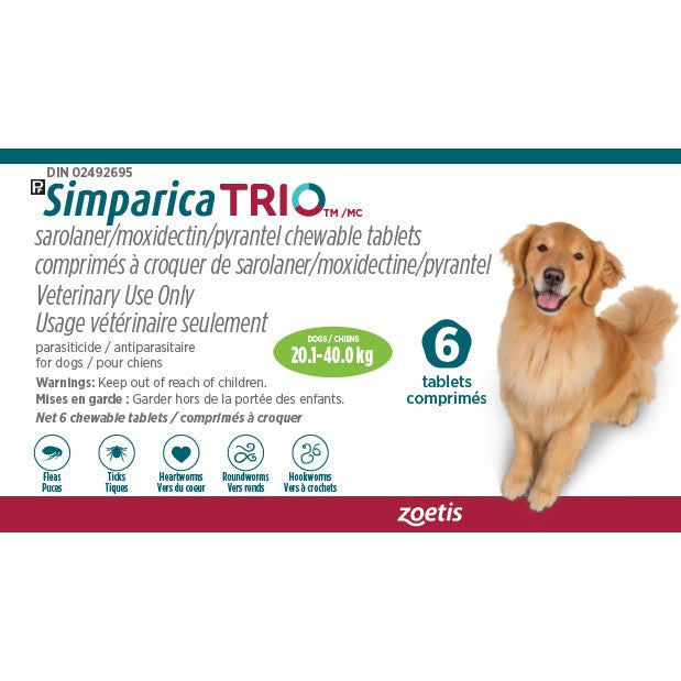 Simparica TRIO Green/Vert 20.1 - 40 kg, 1 box of 6 tablets