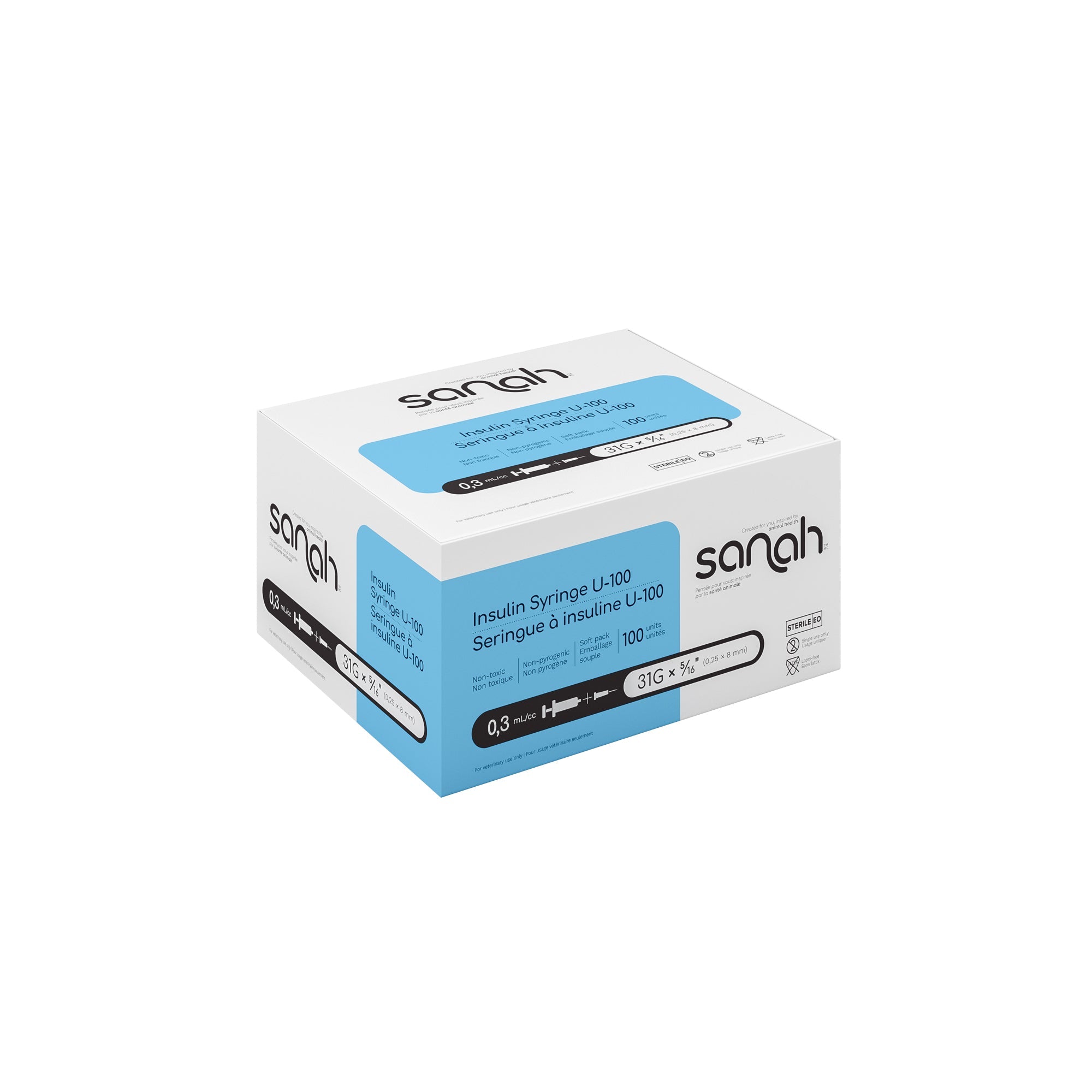 Sanah U-100 Insulin Syringes for Diabetic Pets (Lantus/Humulin), 100/Box