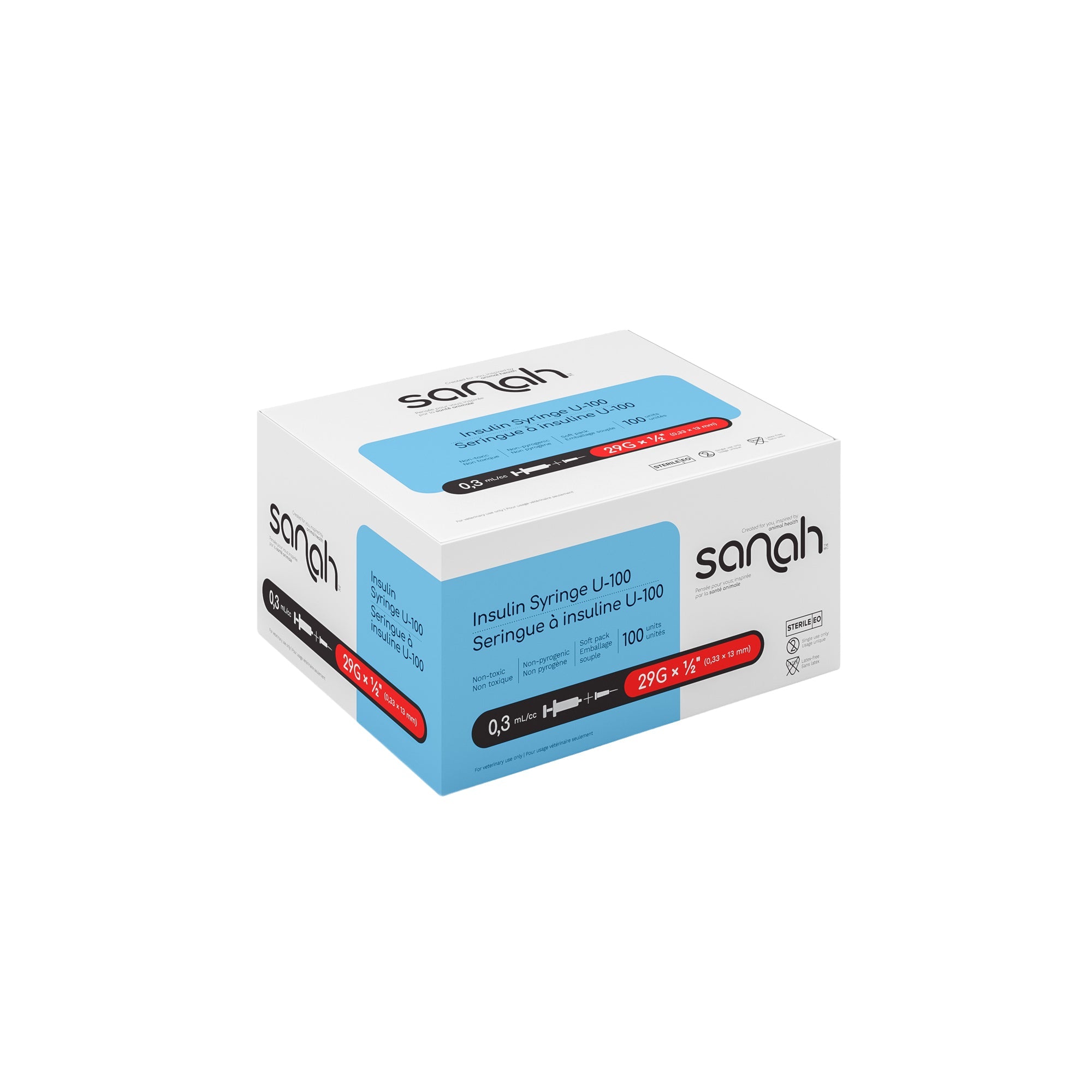 Sanah U-100 Insulin Syringes for Diabetic Pets (Lantus/Humulin), 100/Box
