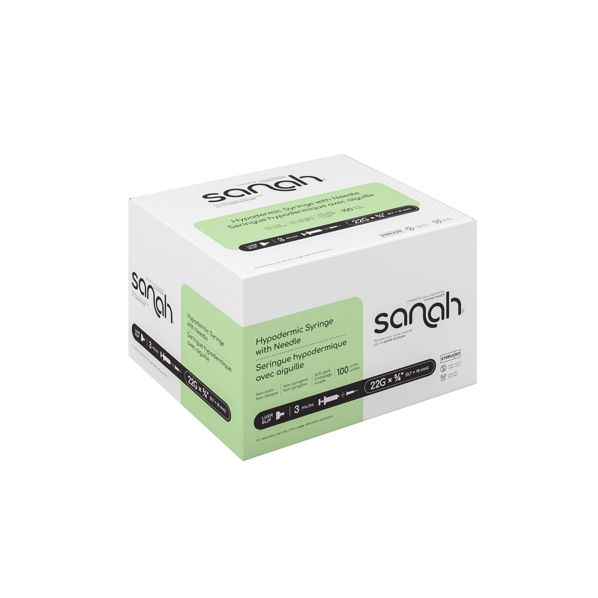 Sanah Hypodermic Syringes with Pre-Attached Needle, Luer Slip, 100/Box