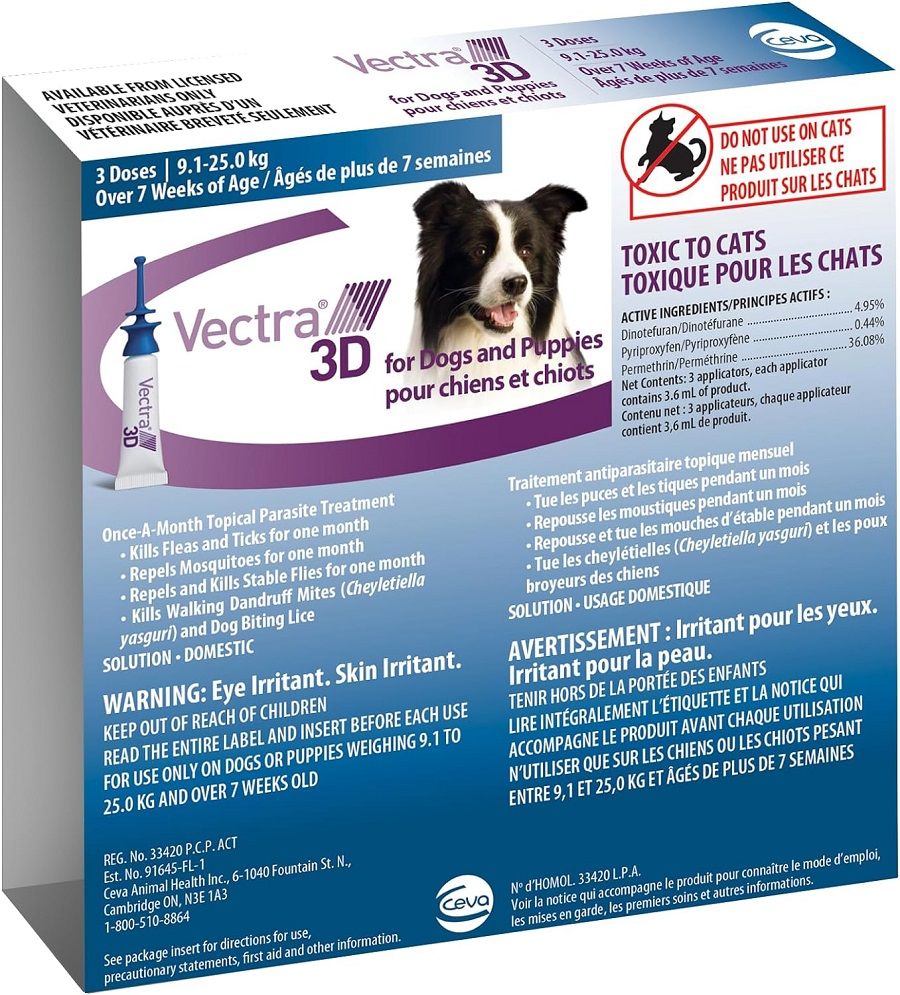 Vectra 3D Flea and Tick Treatment for Dogs and Puppies Weighing 9.1-25 kg (20-55 lbs) - 3 tubes/pack