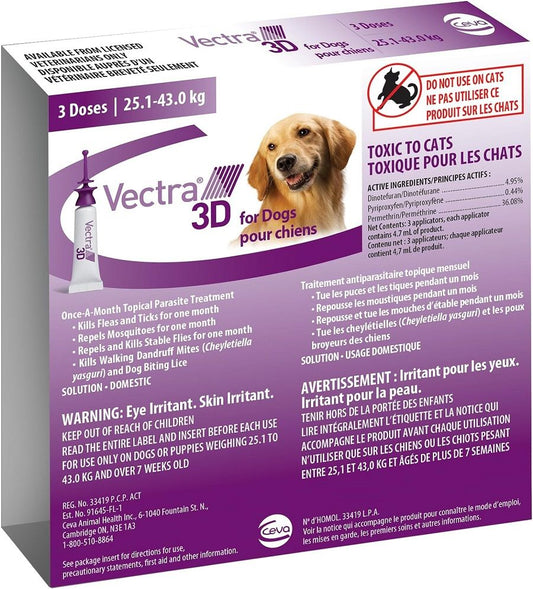 Vectra 3D Flea and Tick Treatment for Dogs Weighing 25.1-43 kg (55.2-94.6 lbs) - 3 tubes/pack