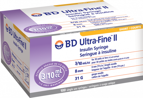 BD Ultra-Fine™ Insulin Syringes, 1/2 unit markings, 3/10 mL 8mm x 31G U-100  100/box