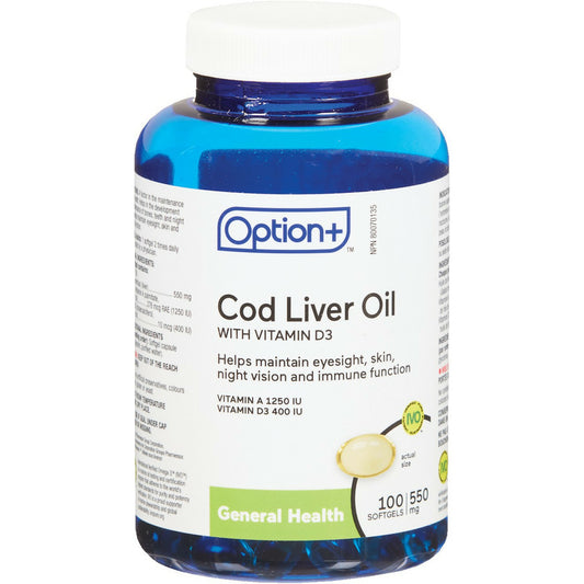 Option+ Cod Liver Oil with Vitamin D3 550mg 100 Softgels