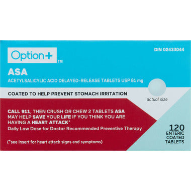 Option+ ASA Acetylsalicylic Acid Delayed-Release Tablets USP 81mg 120 Tabs