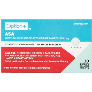 Option+ ASA Acetylsalicylic Acid Delayed-Release Tablets USP 81mg 30 Tabs