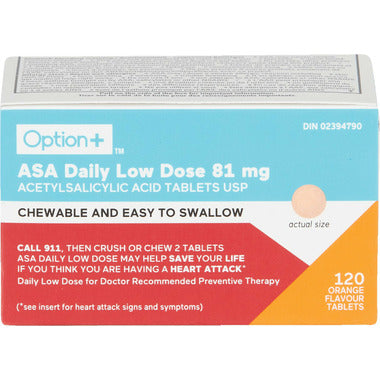 Option+ ASA Daily Low Dose 81mg Acetylsalicylic Acid Tablets USP Chewable 120 Tabs
