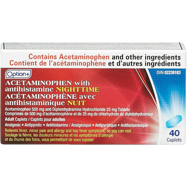 Option+ Acetaminophen with Antihistamine Nighttime 40 Caplets