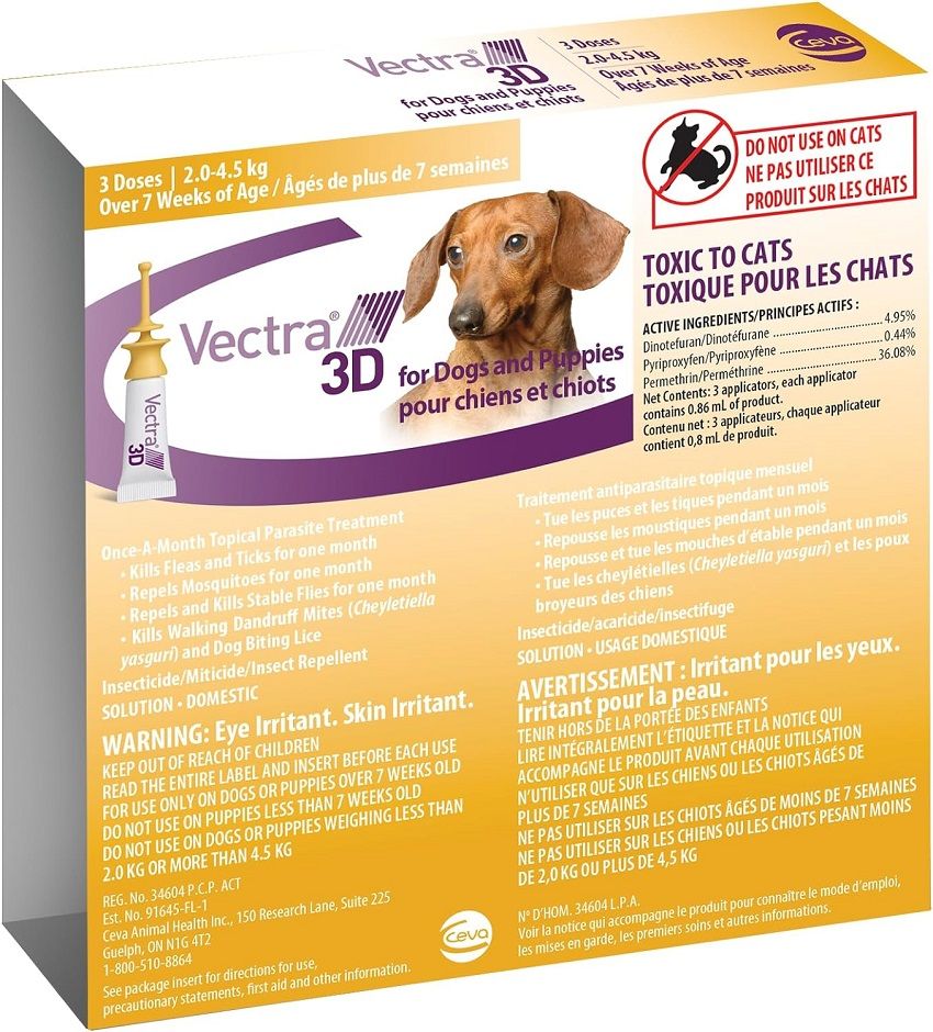 Vectra 3D Flea and Tick Treatment for Dogs and Puppies Weighing 2-4.5 kg (4.4-9.9 lbs) - 3 tubes/pack