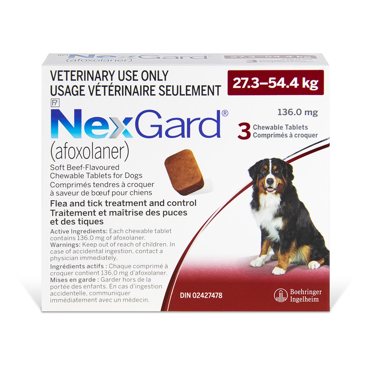 NexGard Soft Red/Rouge 27.3 - 54.4 kg, 3 Chewable Tablets