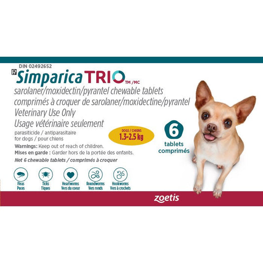 Simparica TRIO Yellow/Jaune 1.3 - 2.5 kg, 1 box of 6 tablets