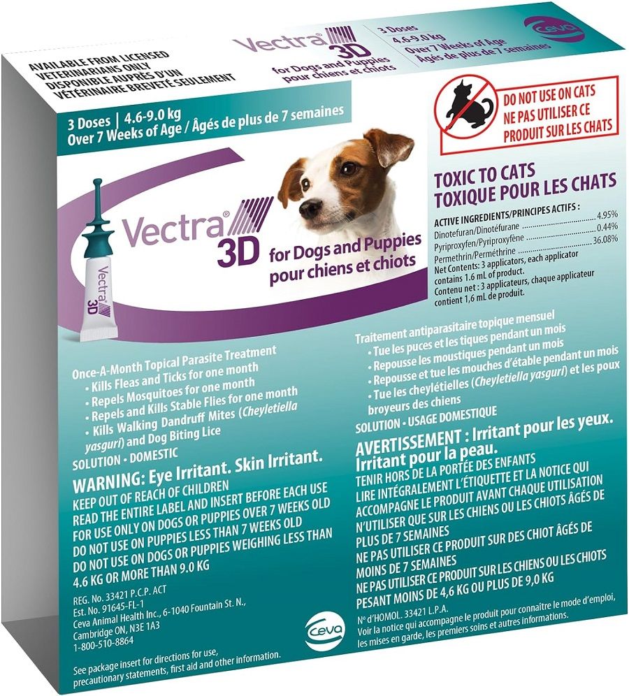 Vectra 3D Flea and Tick Treatment for Dogs and Puppies Weighing 4.6-9 kg (10.1-19.8 lbs) - 3 tubes/pack
