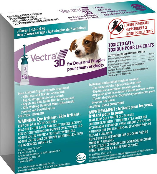 Vectra 3D Flea and Tick Treatment for Dogs and Puppies Weighing 4.6-9 kg (10.1-19.8 lbs) - 3 tubes/pack