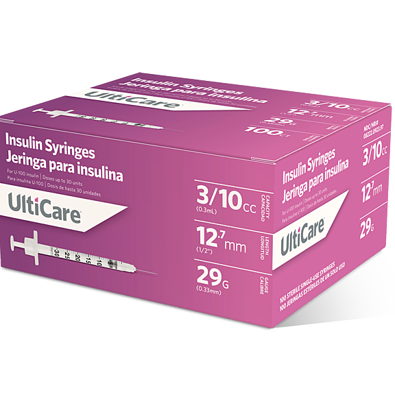 UltiCare U-100 Insulin Syringes 3/10 mL/cc 12.7mm (1/2") x 29G (100/box)
