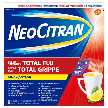 NeoCitran Ultra Strength Total Flu Night Lemon 10 Pouches