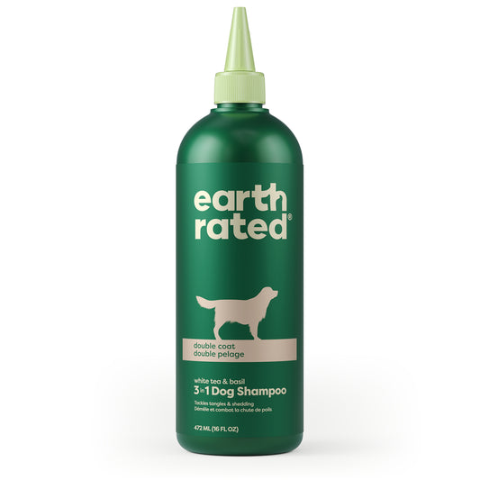 Earth Rated 3-in-1 Dog Shampoo for Double Coat 472ml - white tea and basil scented dog shampoo available at Orleans Compounding Pharmacy Ottawa
