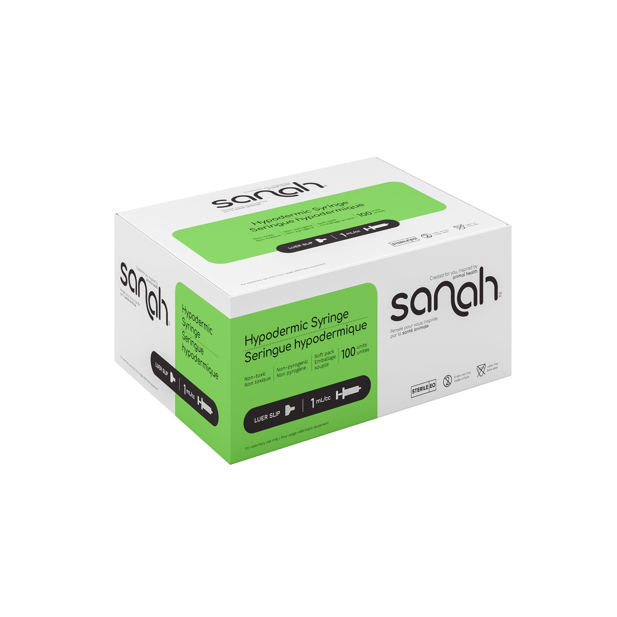 Sanah Hypodermic Syringes, Luer Slip, Sterile, 100/Box