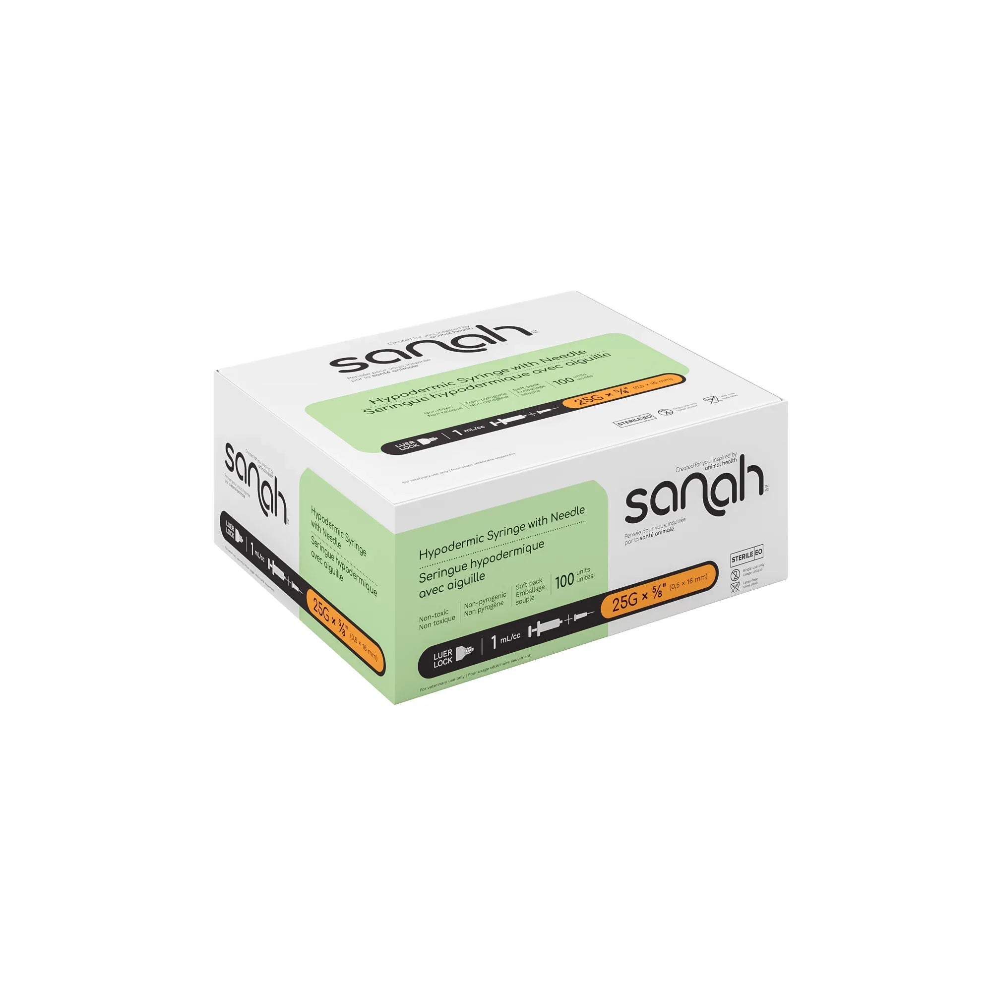 Sanah Hypodermic Syringes with Pre-Attached Needle, Luer Lock, 100/Box