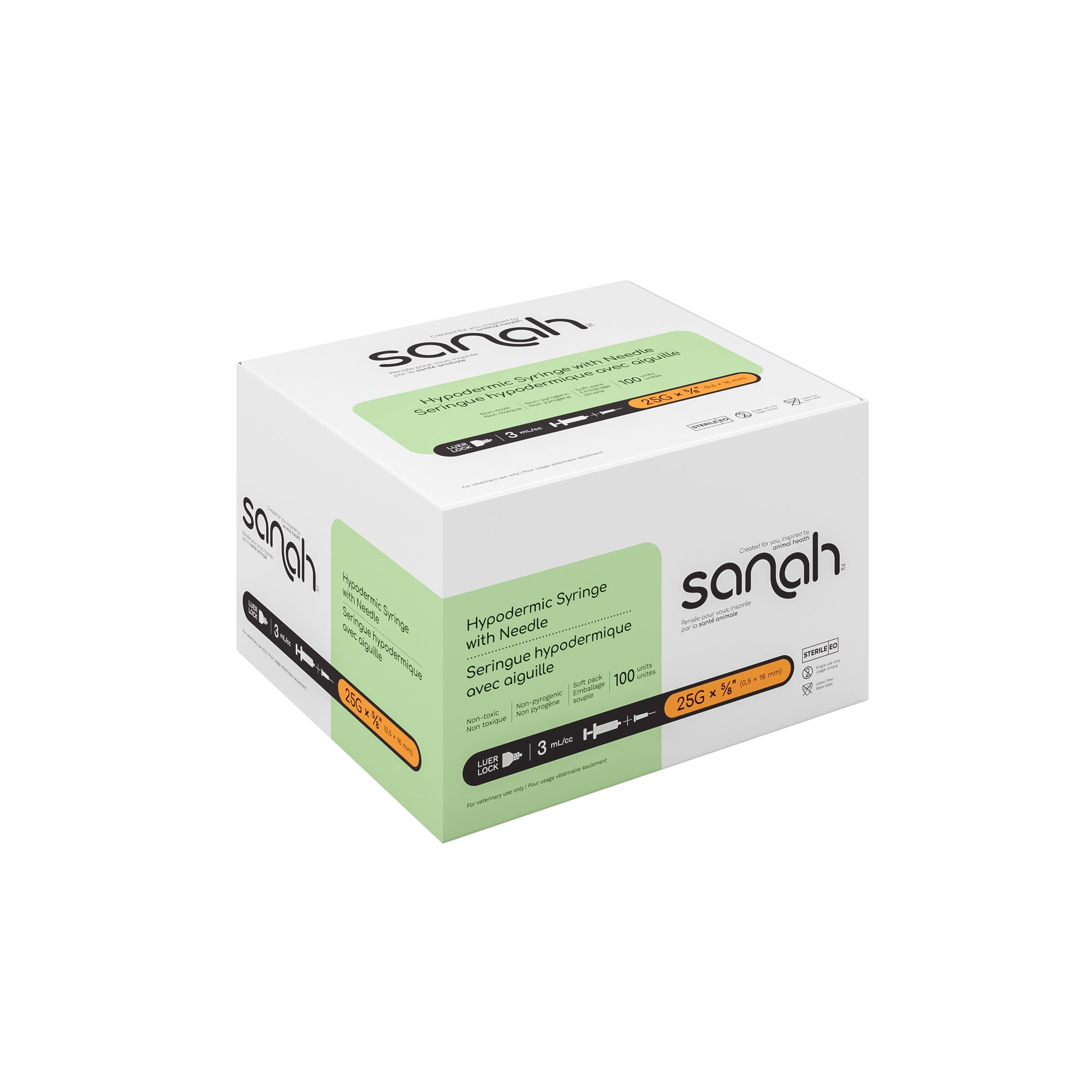 Sanah Hypodermic Syringes with Pre-Attached Needle, Luer Lock, 100/Box