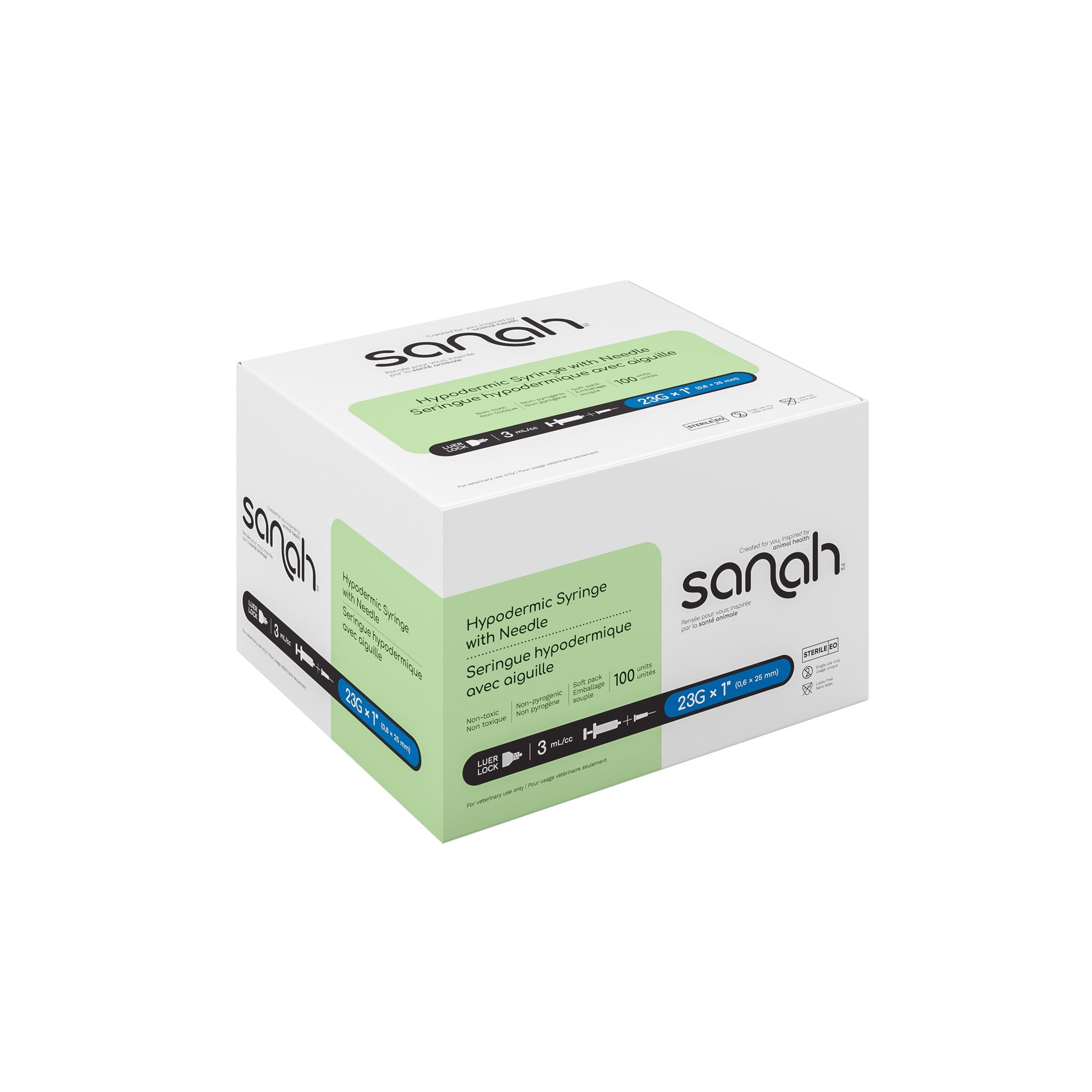 Sanah Hypodermic Syringes with Pre-Attached Needle, Luer Lock, 100/Box