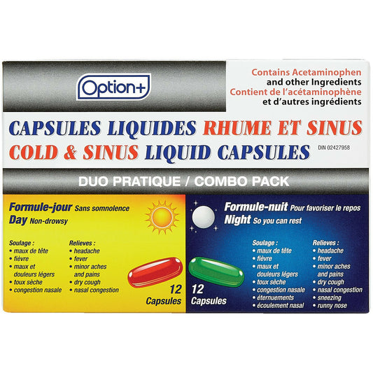 Option+ Cold & Sinus Liquid Capsules Combo Pack 12+12 Caps