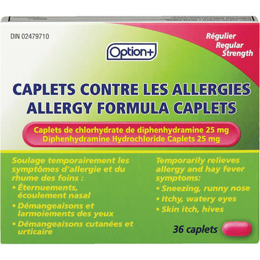 OPTION+ Allergy Formula Caplets Diphenhydramine 25mg, 36 caplets