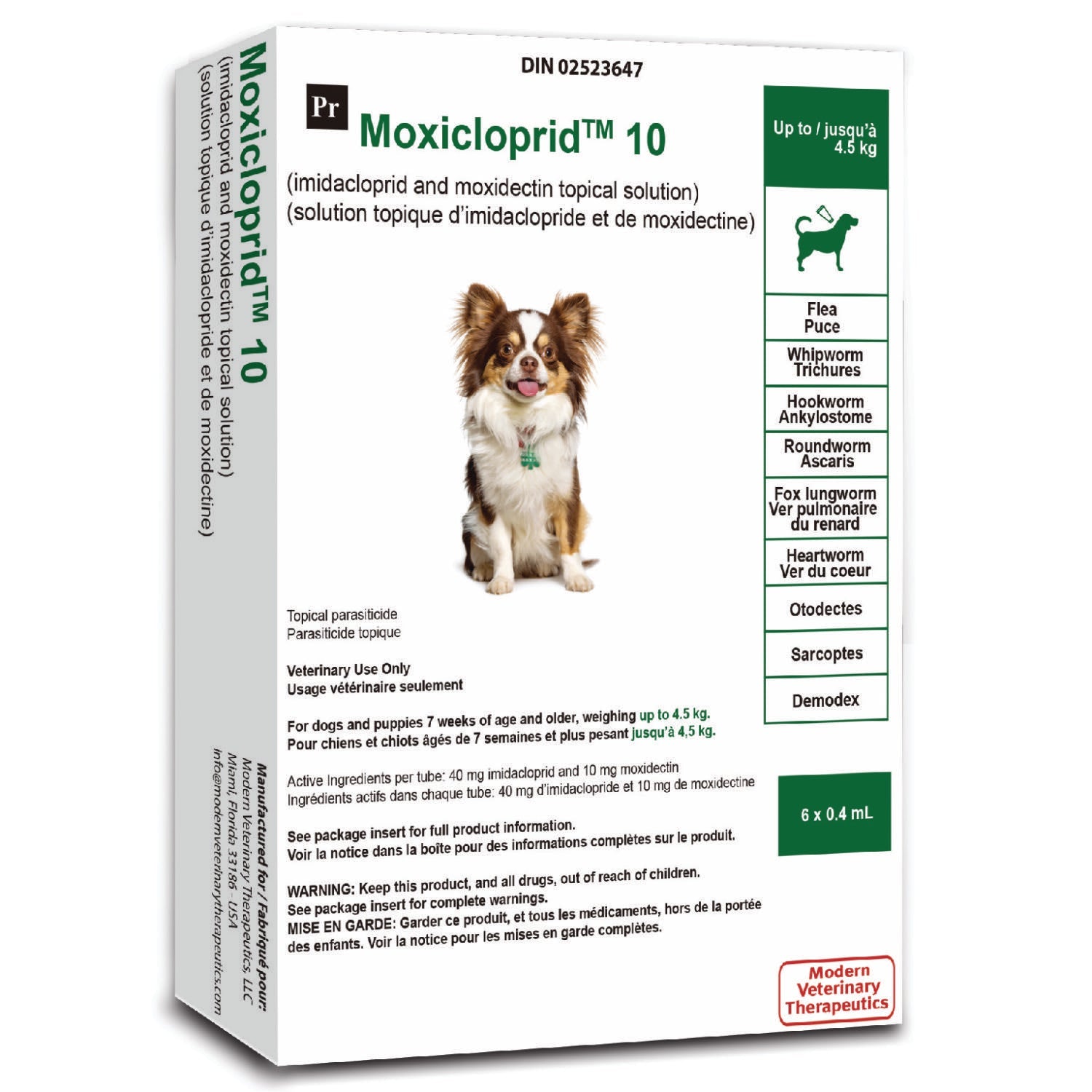 Moxicloprid topical solution for dogs Green/Vert < 4.5 kg,  6 x 0.4 ml