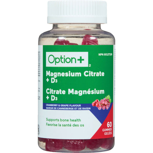 Option+ Magnesium Citrate + D3 Gummies Cranberry & Grape 60 Count