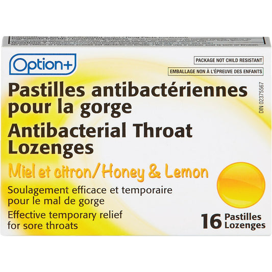 Option+ Antibacterial Throat Lozenges Honey & Lemon 16 Lozenges